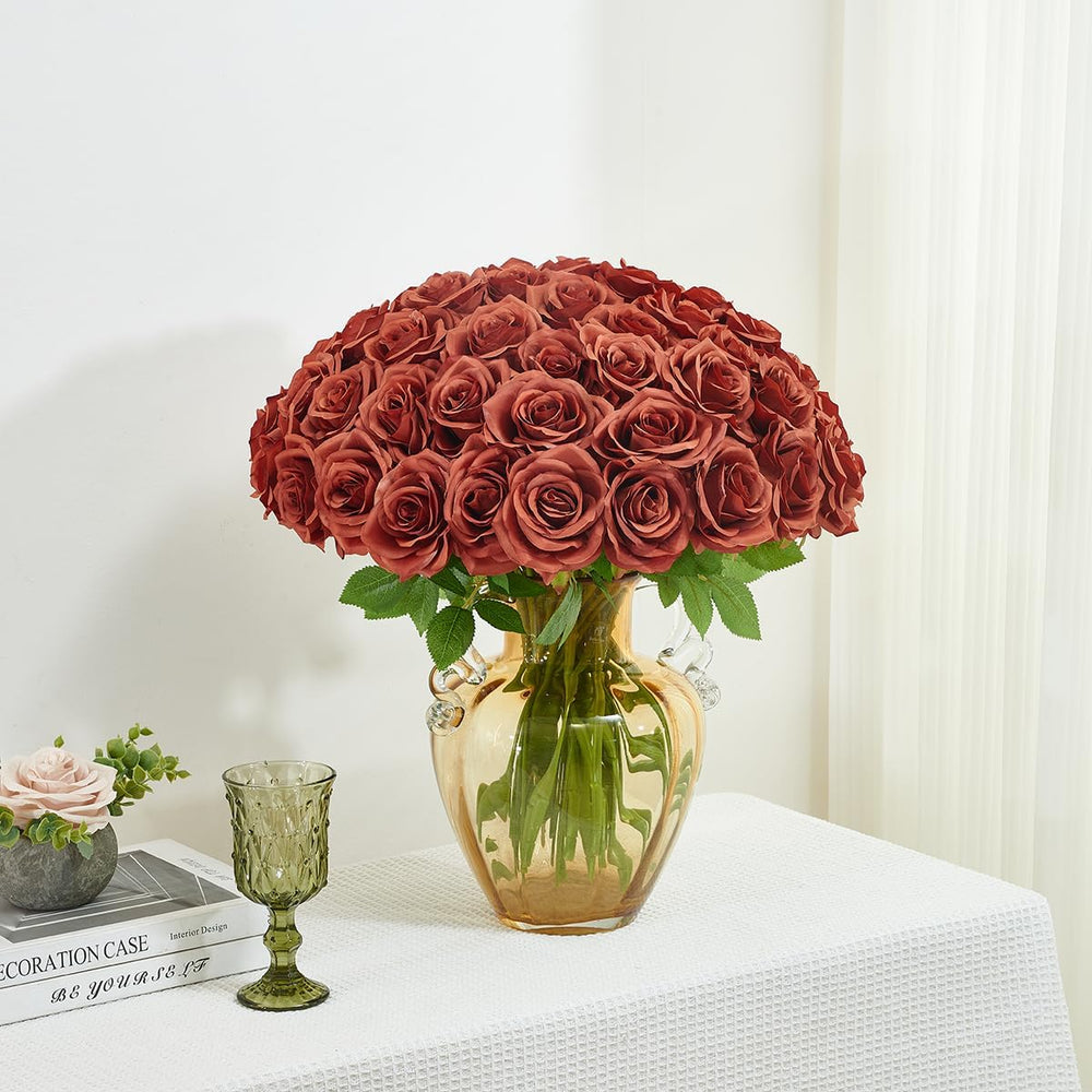 50pcs Burnt Orange Roses Artificial Flowers Bulk,Fake Roses Silk Flower with ...