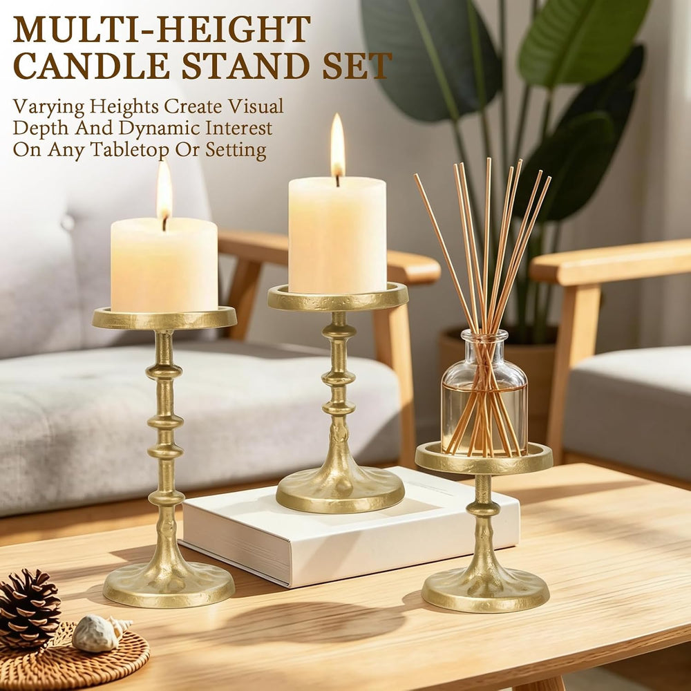 Iron Pillar Gold Candle Holder Set of 3, Heavy Duty Antique Candle Stand