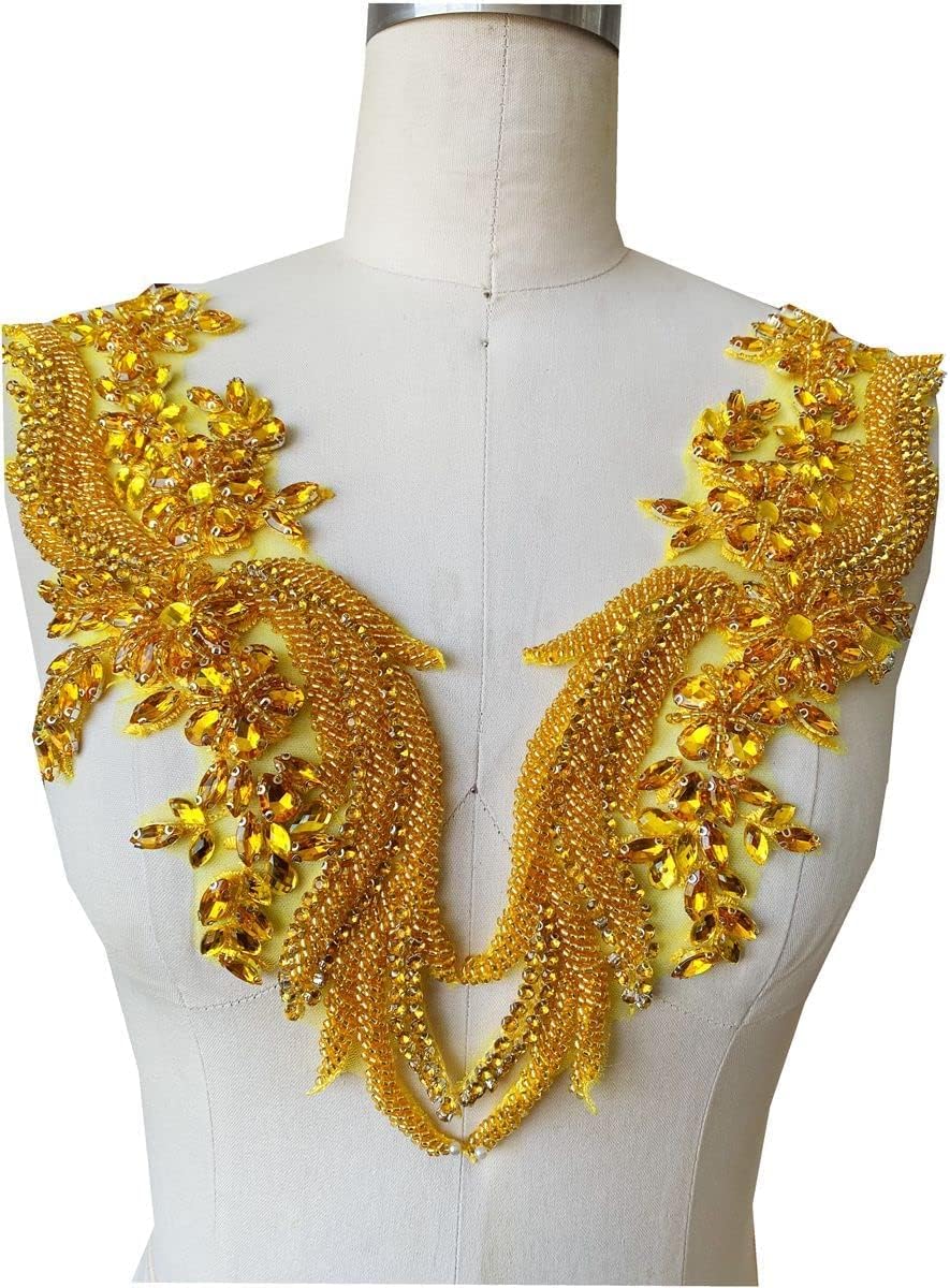 Handmade Rhinestones lace Applique handsewing Beads Trim Patches for Dress Cl...