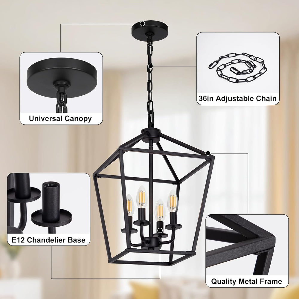 4 Light Chandelier, Industrial Ceiling Light Black Lantern Light Fixtures wit...