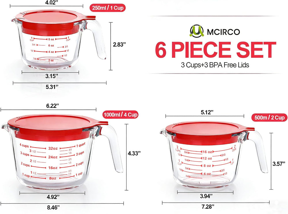M MCIRCO 6 Pcs Glass Measuring Cups with Lids Set, 1 Cup, 2 Cup, 4 Cup