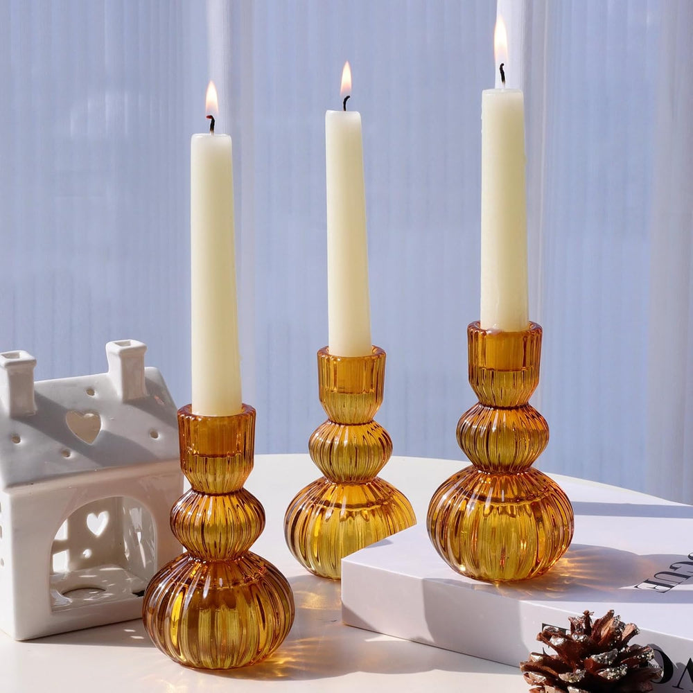 Woho Amber Candlestick Holders Set of 6 4.3" H for Thanksgiving/Fall Decor