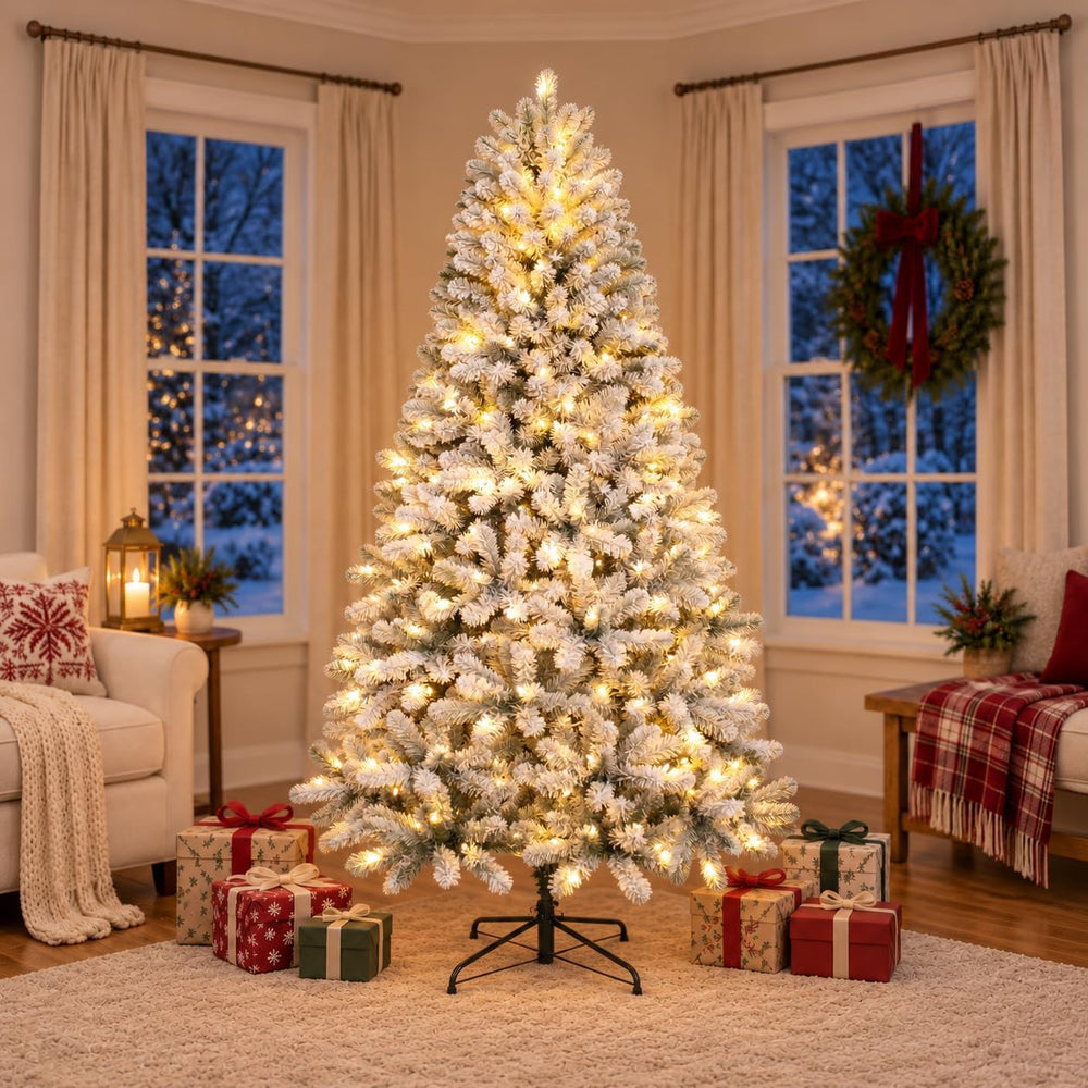 7ft Prelit Artificial Flocked Snow Spruce Christmas Tree Xmas,White