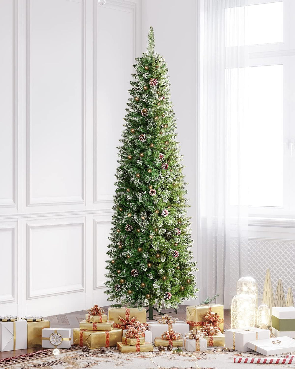 OasisCraft 7ft Snow Pencil Christmas Tree, Pre-lit Artificial Slim Christmas ...