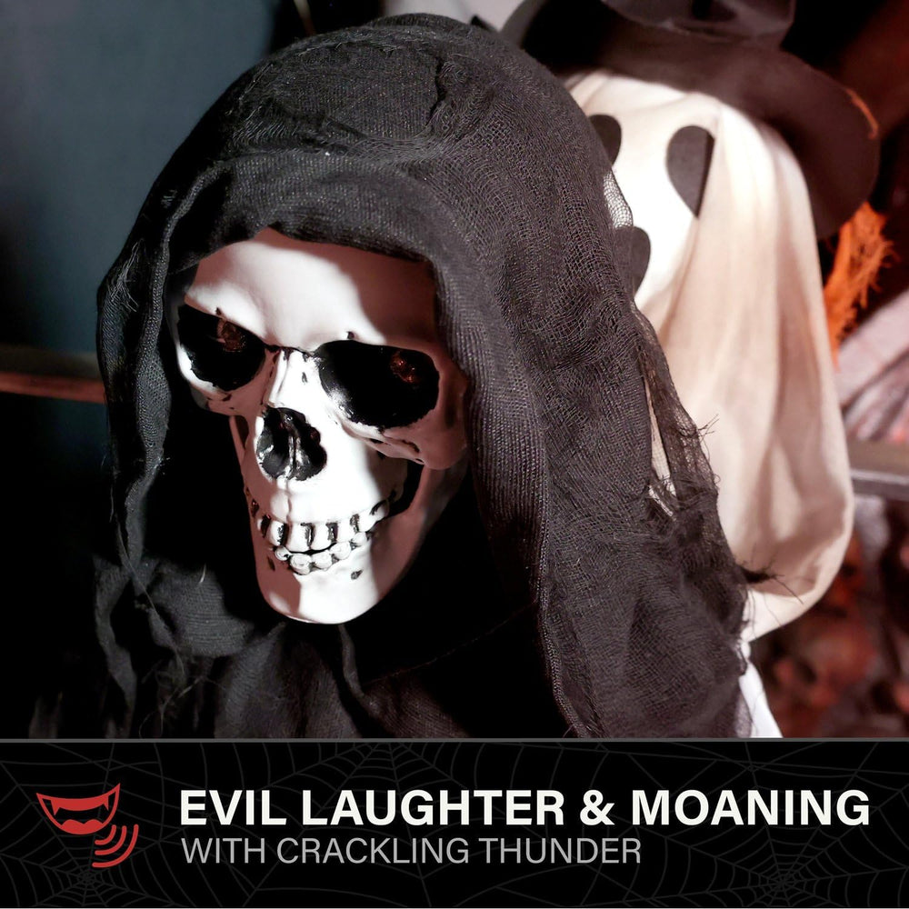 Haunted Hill Farm 3.9-Ft. Sitting Reaper w/Hide and Seek Ghost Animatronic