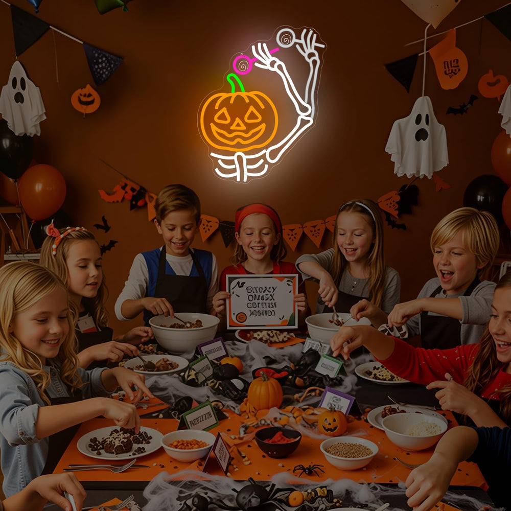 Waving Pumpkin Skull Halloween Neon Sign Skeleton LED Pumpkin with Lollipop