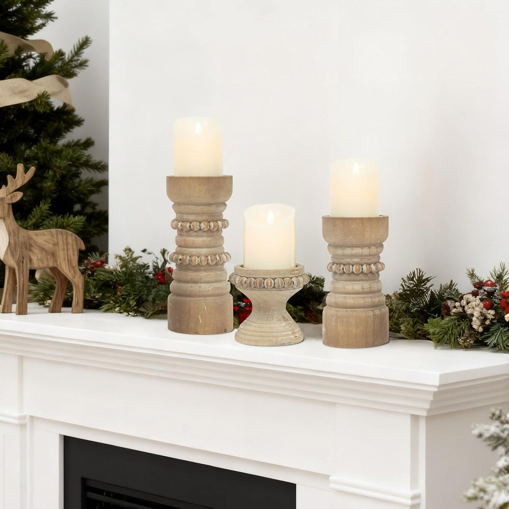 Rustic Natural Wood Candle Holders Set of 3, Farmhouse Beaded Wood Pillar Can...