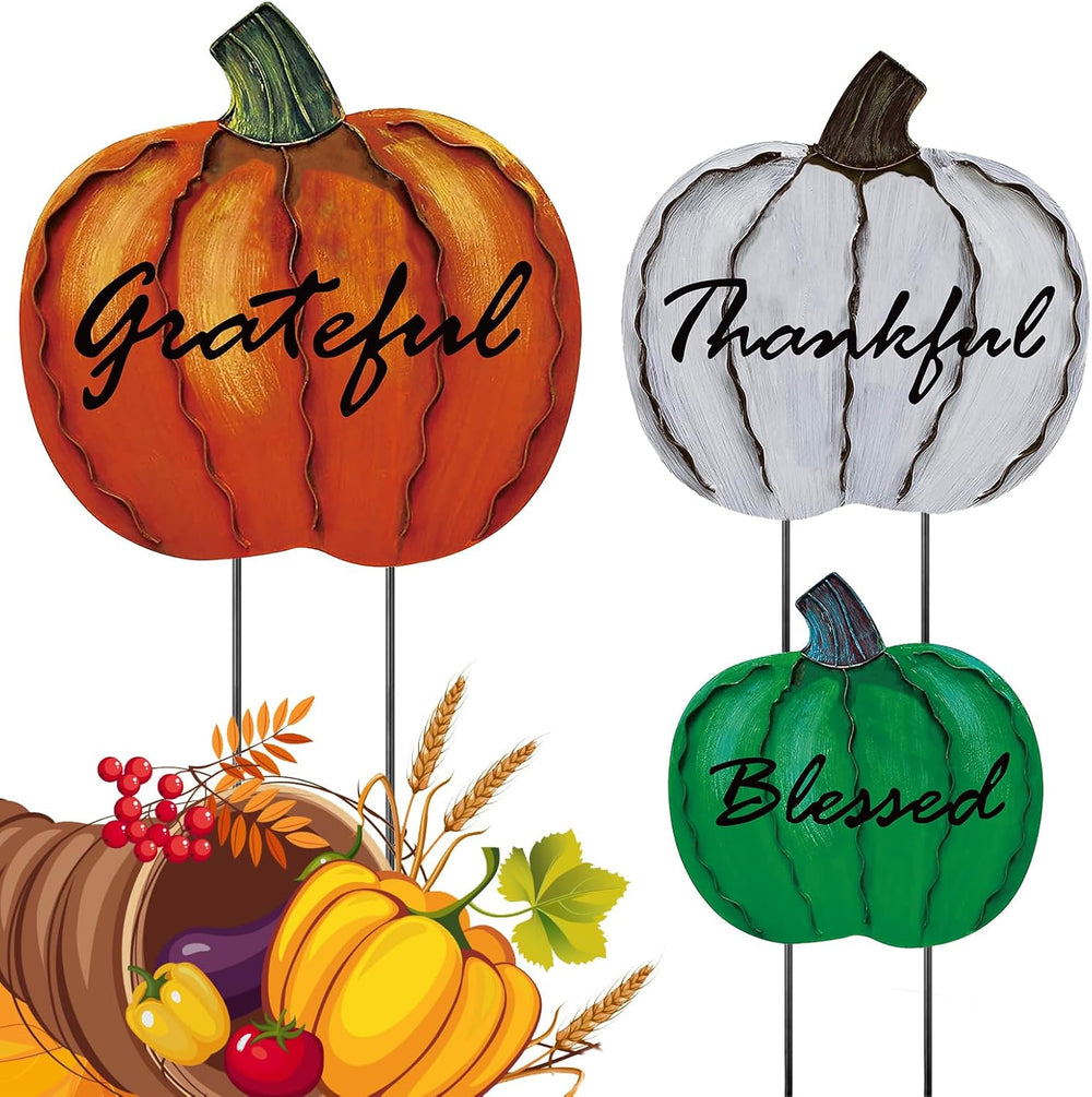 3 Pcs Thanksgiving Fall Outdoor Decor Metal Pumpkin Yard Stakes Decorations