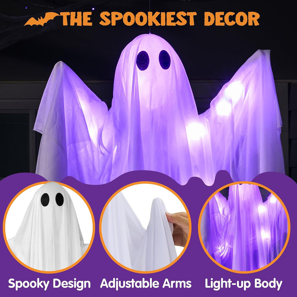 JOYIN Halloween Hanging Light up Ghost, 47" White Ghosts with Purple LED...