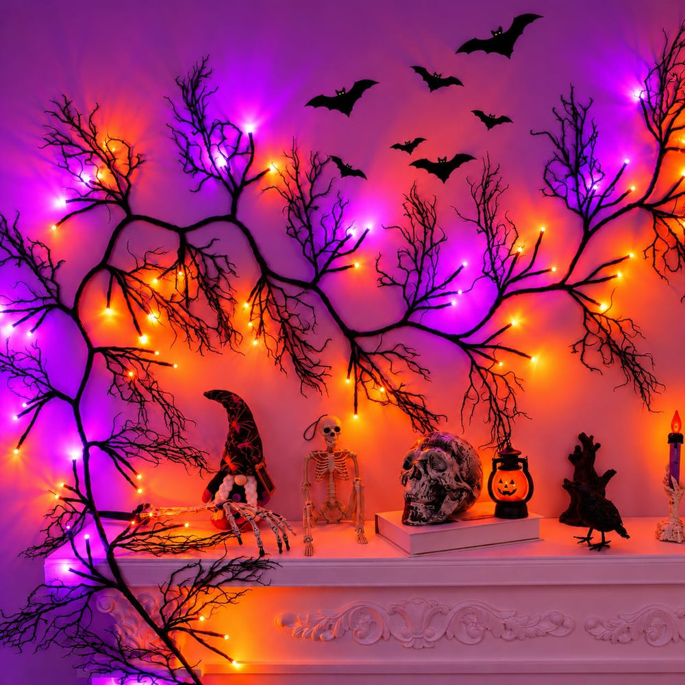 9Ft Lighted Halloween Garland Decorations Indoor, 66 LED Orange & Purple ...