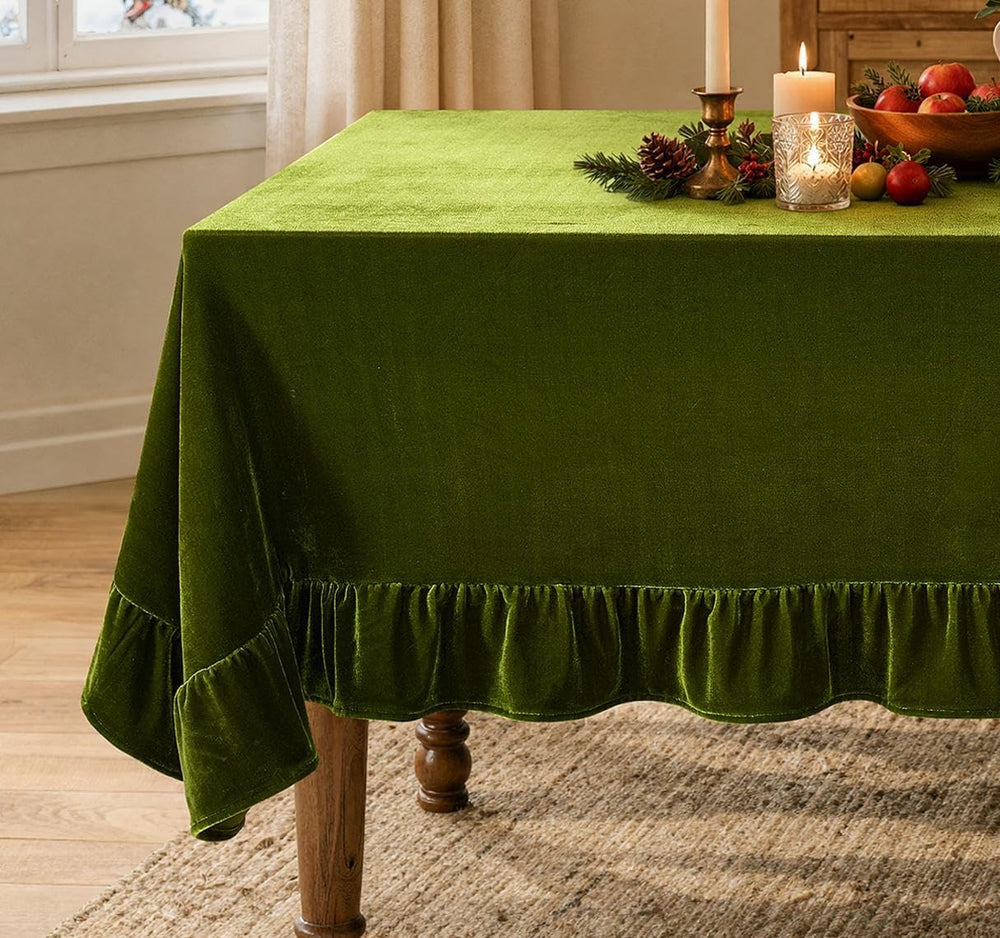 MIULEE Rectangle Velvet Ruffle Tablecloth 60x102 Inch Christmas Olive Green