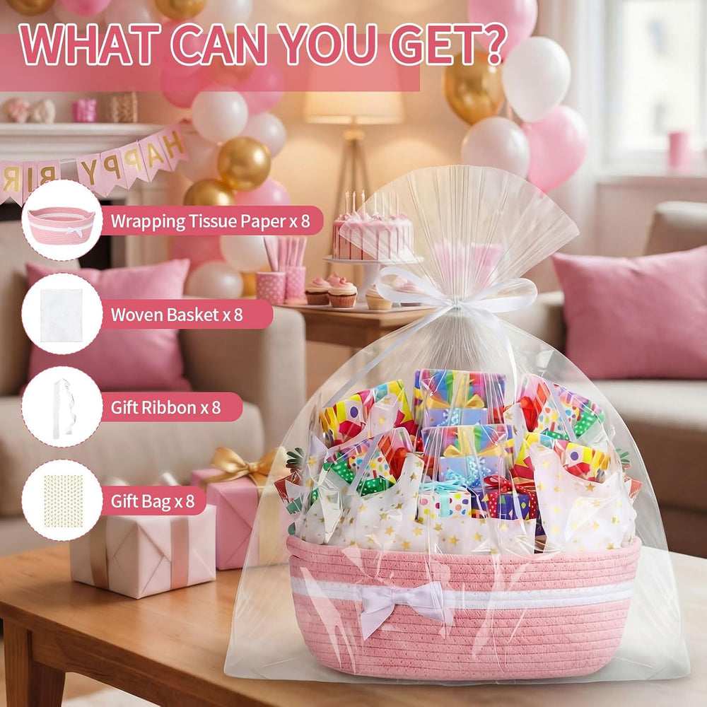 Foldtier 8 Pack Christmas Woven Gift Baskets with Handles, pink