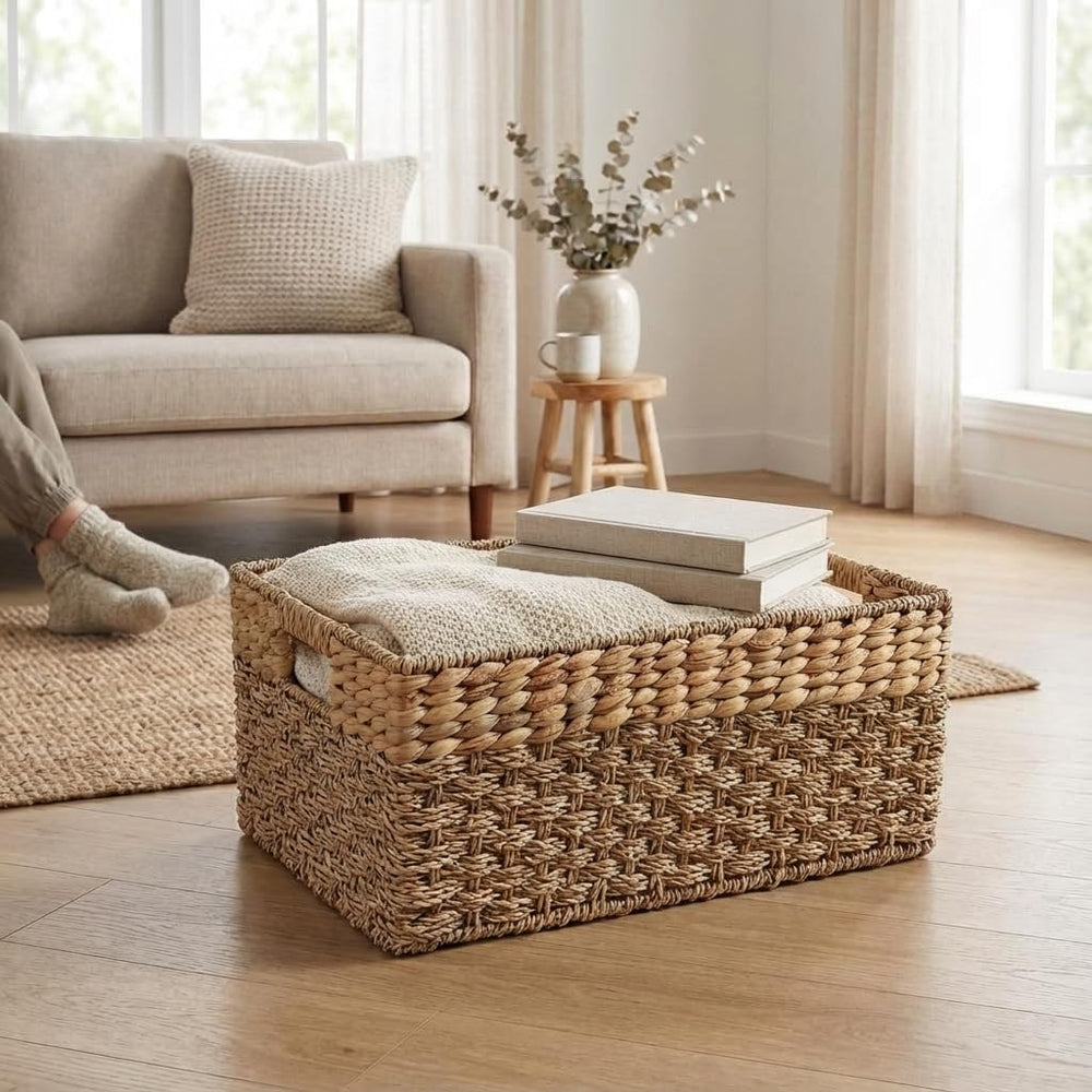 Large Wicker Storage Basket with Handles, Seagrass Hyacinth, 17x11 x7.5 in