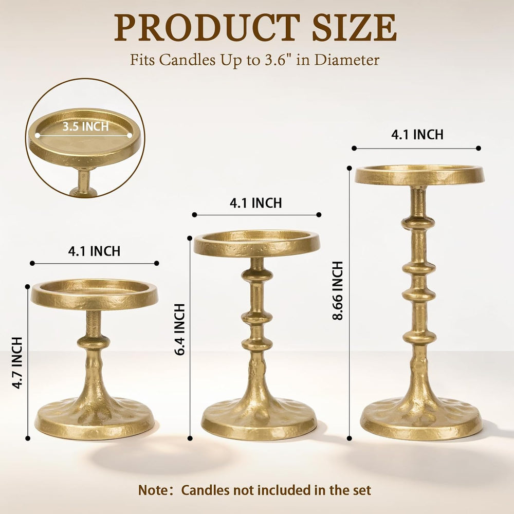 Iron Pillar Gold Candle Holder Set of 3, Heavy Duty Antique Candle Stand