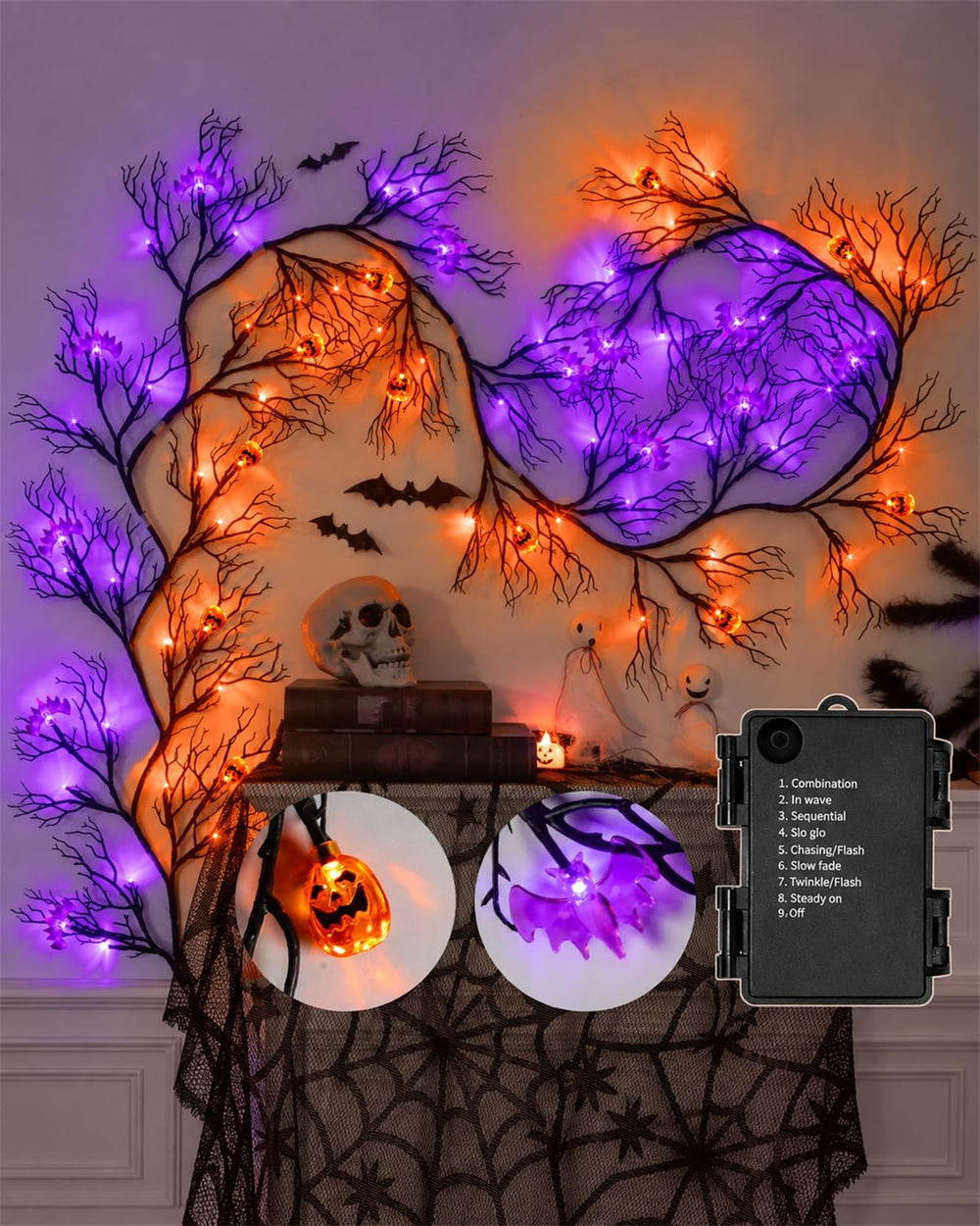 Halloween Twig Garland Decoration with 66 Purple and Orange LED Lights,9 FT