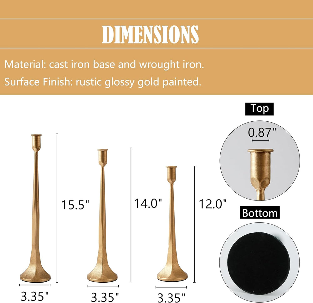 Denique Iron Taper Candle Holder Set of 3, Gold Candlestick Holders Decorativ...