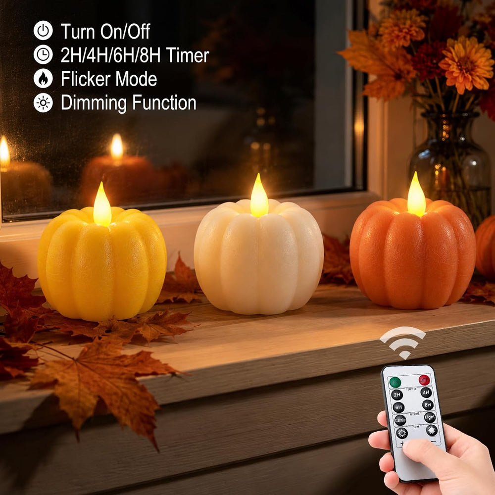 3 Pack Flameless Pumpkin Candles Real Wax Flickering LED Remote Timer