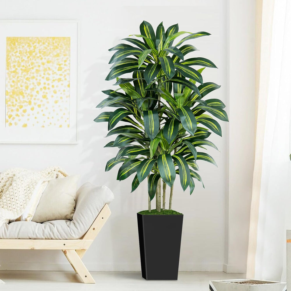 5FT Artificial Dracaena Tree - High-Density Foliage Fake Plant with Black Tal...