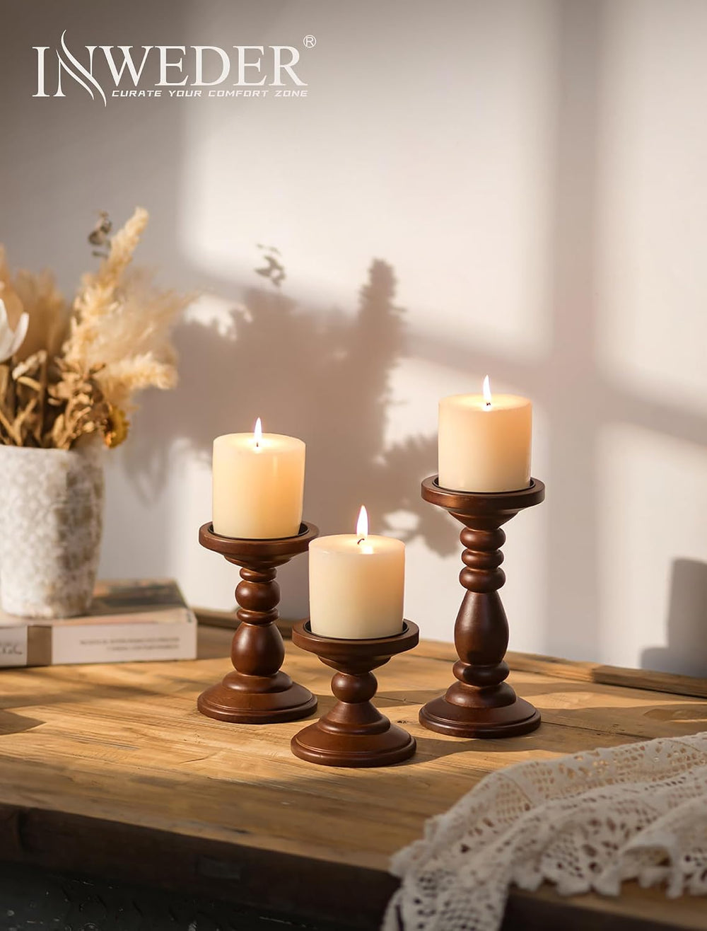Wood Pillar Candle Holder: Mid Century Modern Brown Candle Stand