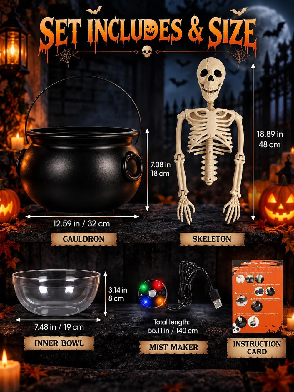 HOMELEX Halloween Cauldron Candy Bowl with Skeleton, LED Mist Maker Decor for...