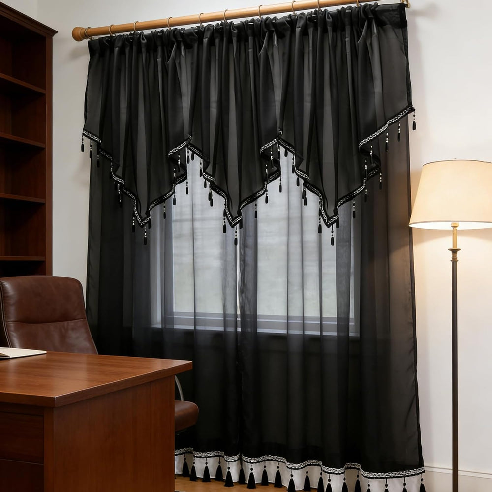 3 Pieces Black Beaded Sheer Valance with Rod Pocket Scalloped Window Curtains...