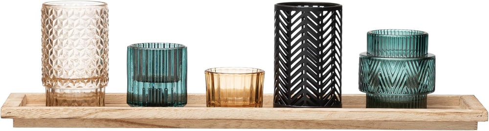 Bloomingville 5-Piece Embossed Glass and Metal Tealight Candle Holders in a W...