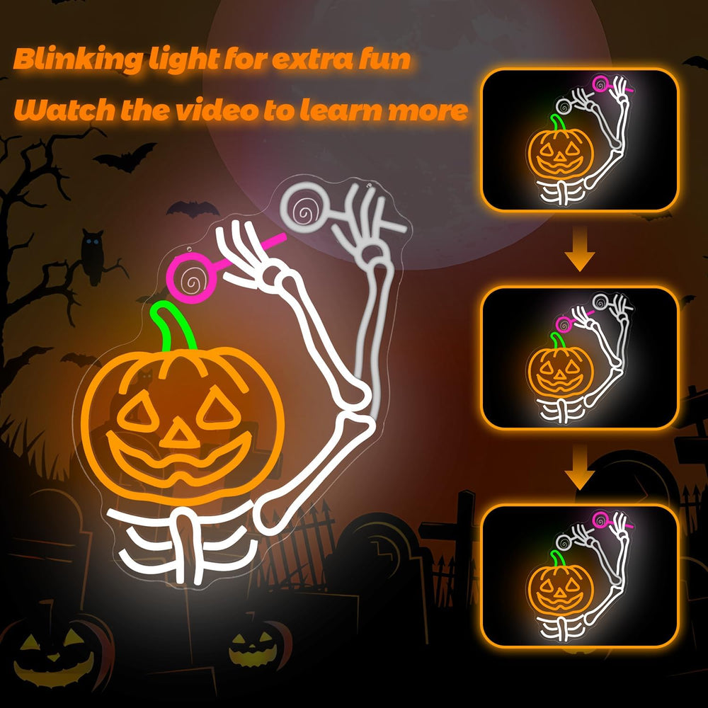 Waving Pumpkin Skull Halloween Neon Sign Skeleton LED Pumpkin with Lollipop