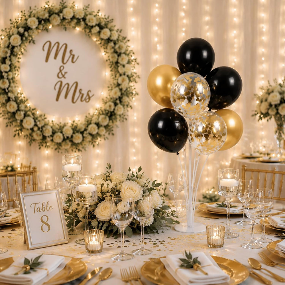 10 Set Balloon Stand Centerpiece with 70pcs Black Gold Balloon