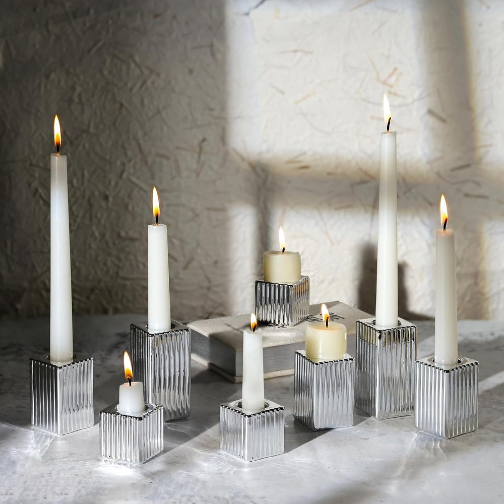 LETINE 12pcs Silver Vertical Stripe Glass Candlestick Holders - Chic Taper Ca...