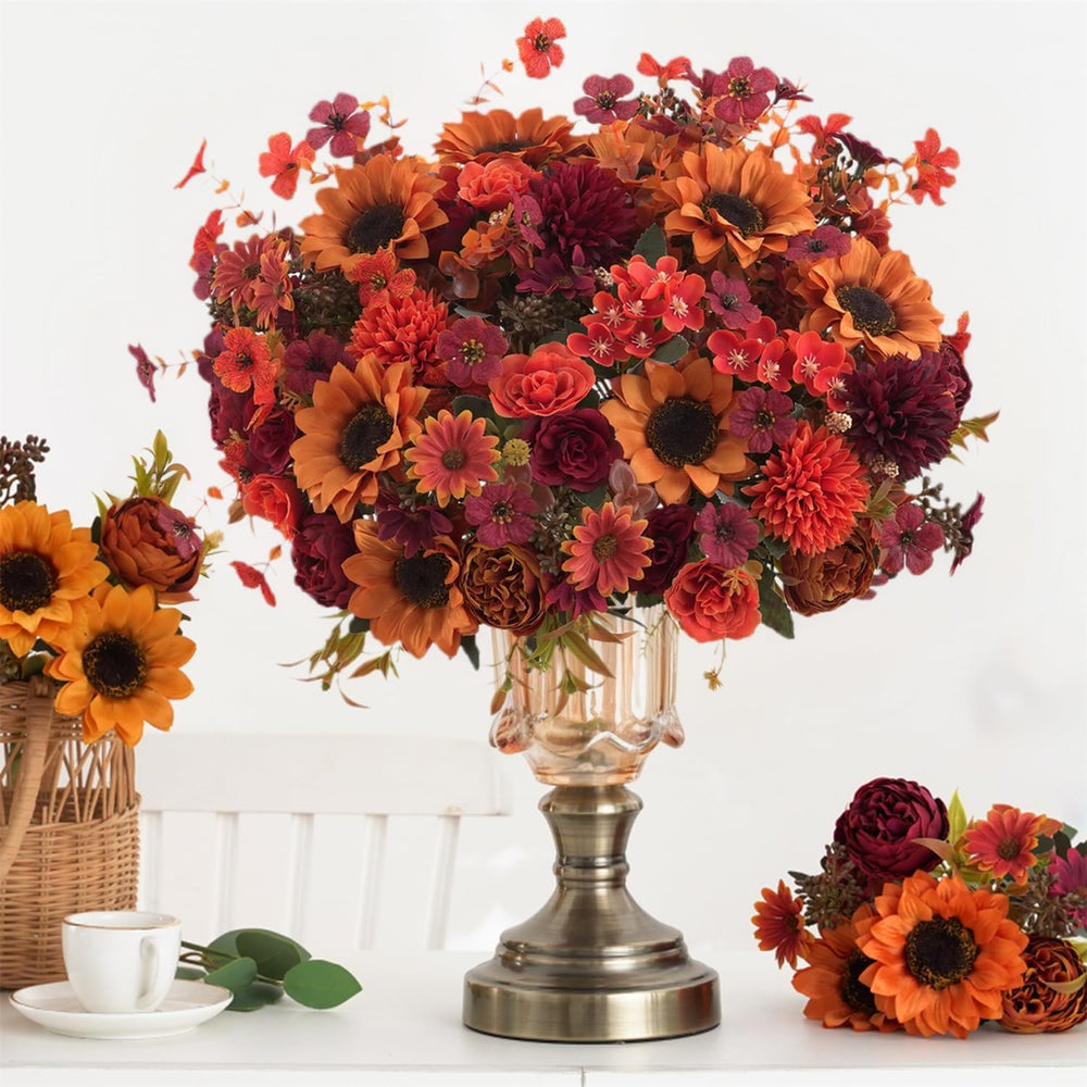 Mixed 10 Pcs Fall Artificial Sunflower Peony Bouquet, Burnt Orange Burgundy S...