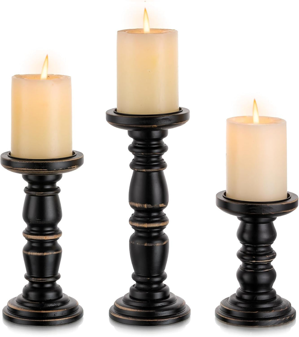 Wood Pillar Candle Holder: Rustic Distressed Black Candle Stand