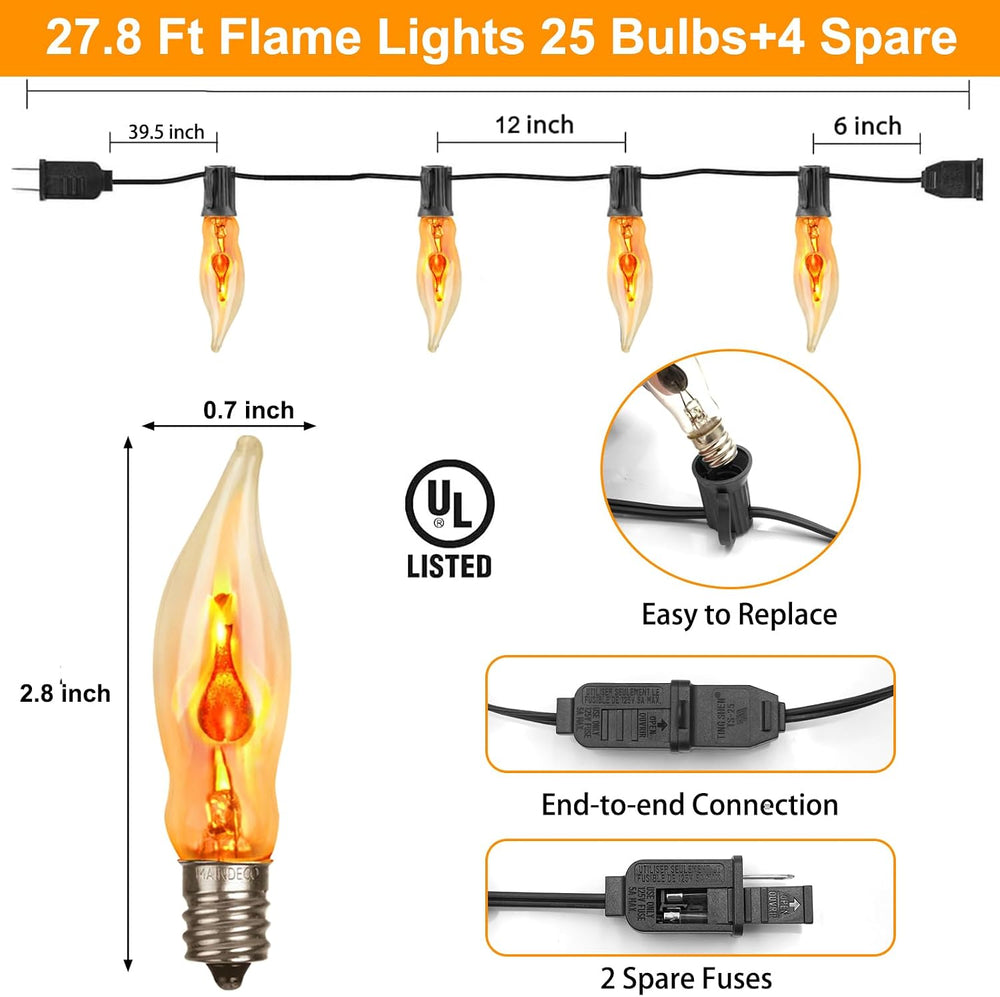 Halloween Lights 27.8 FT Flickering Flame String Lights with 25 Flame Light B...