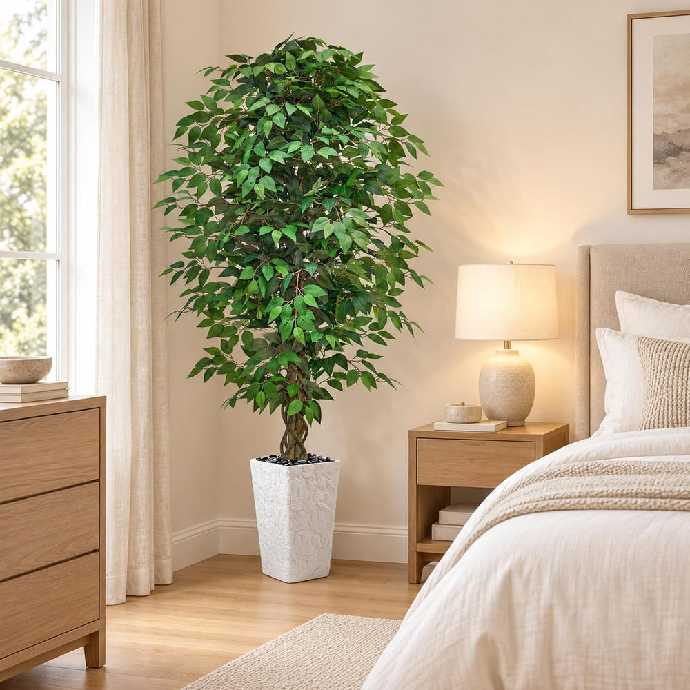 Artificial Ficus Tree 6FT, Large Fake Tree for Home Decor (White Planter)