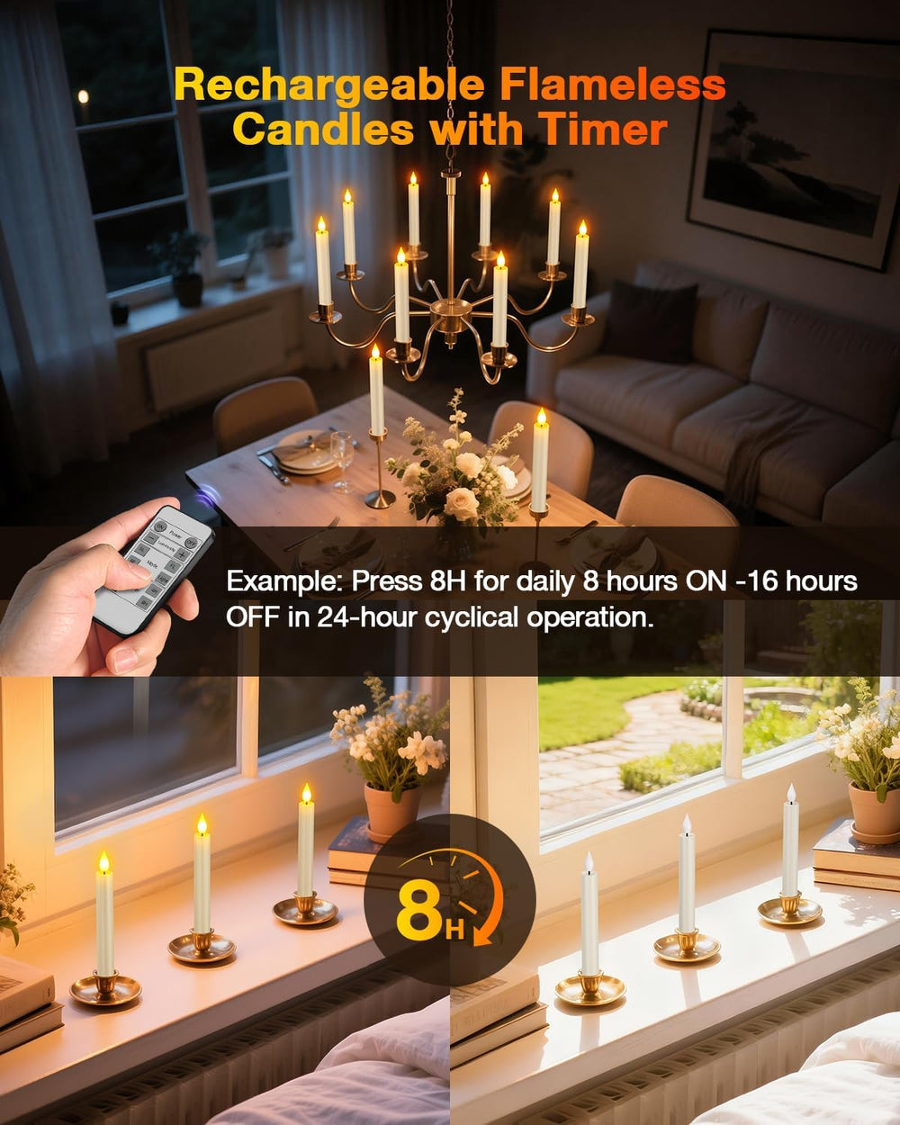 Yme Rechargeable Flameless Taper Candles Battery Operated with Remote Timer