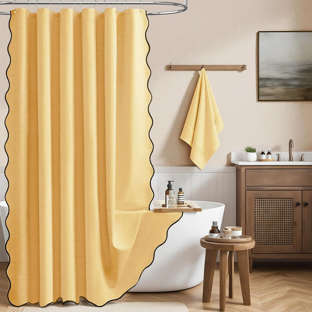 Boho Scalloped Linen Textured Cloth Shower Curtain Set, Gold, 72x78
