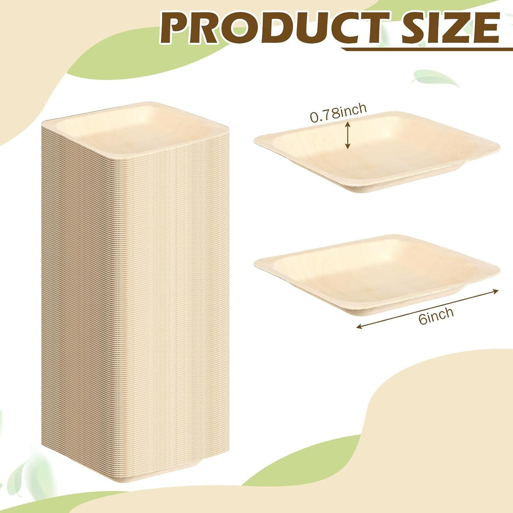 100 Pcs 6" Disposable Bamboo Plates Square Wooden Food Trays