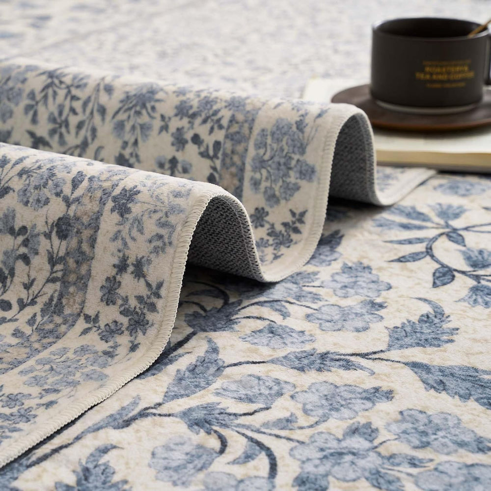 jinchan 3x8 Washable Hallway Runner Rug, Floral Non-Slip, Blue/Cream
