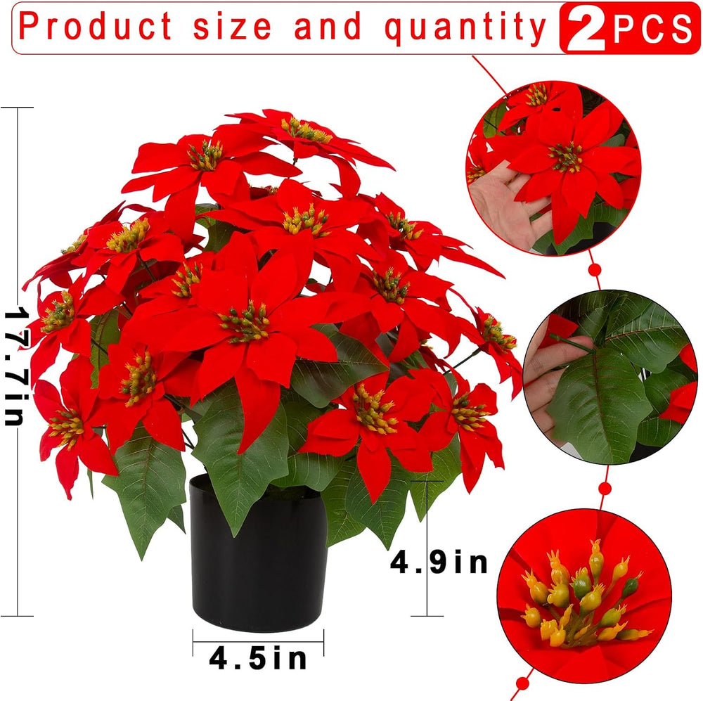 Daynight 2Pcs Artificial Poinsettias with Pots Christmas Flowers, 17.7"