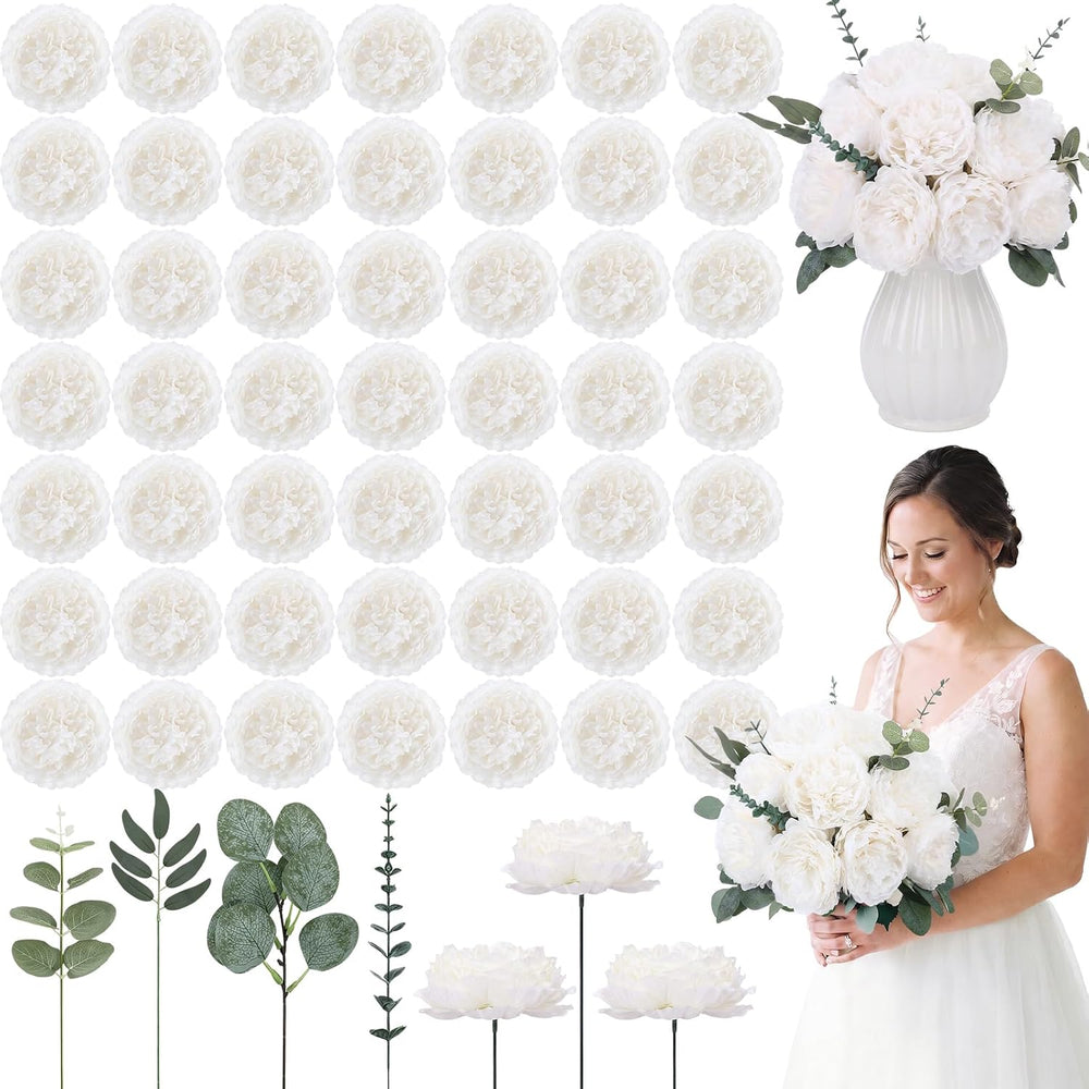50 Pcs Peony Artificial Flowers Bulk, White