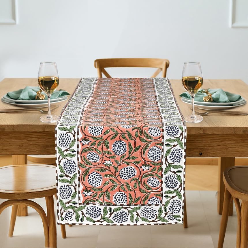 Ridhi Dark Salmon Hand Block Print Table Runner 16x90 Inch 100% Cotton