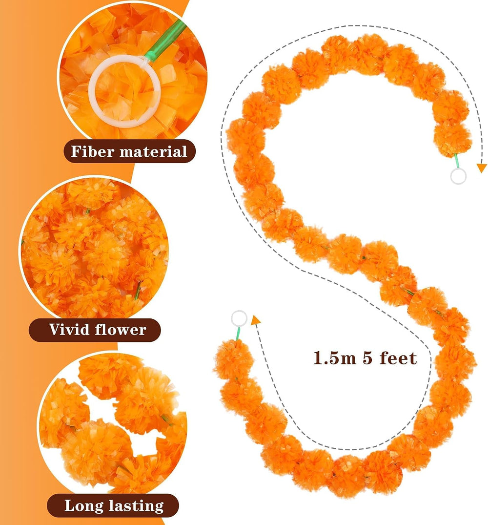 11 Pieces 5 Feet Long Marigold Garland Bulk Light Orange Indian American Wedd...