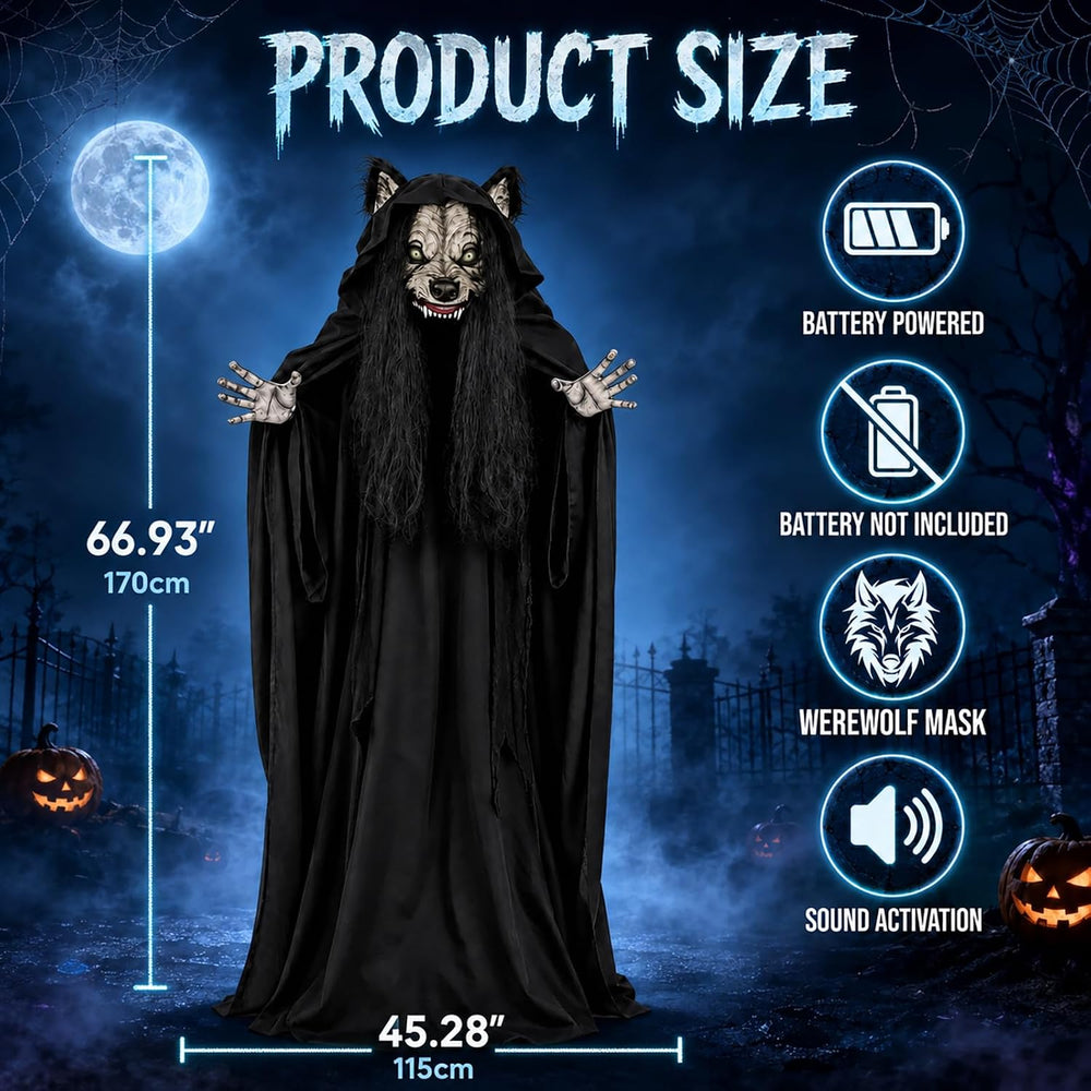66.9" Halloween Animatronic Werewolf Face Changing Prop, Sound Activated...