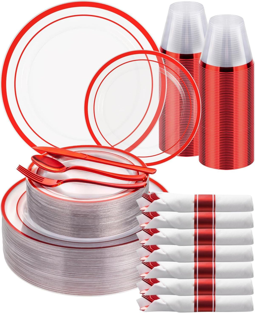 350 Pcs Red Disposable Plates, Clear Plastic Plates and Napkins