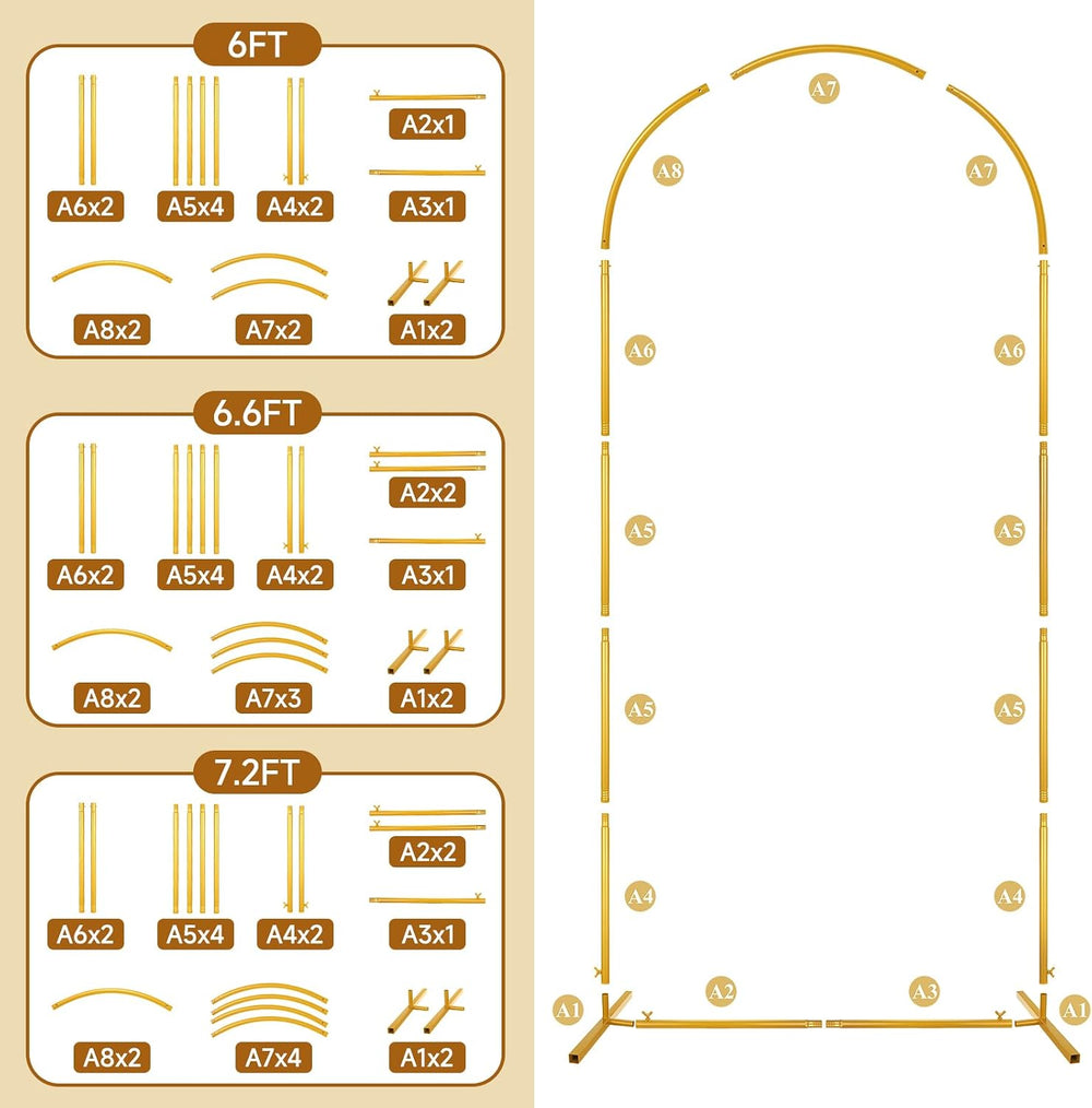 Gold Arch Backdrop Stand Set of 3, 7.2FT 6.6FT 6FT Balloon Arch Stand