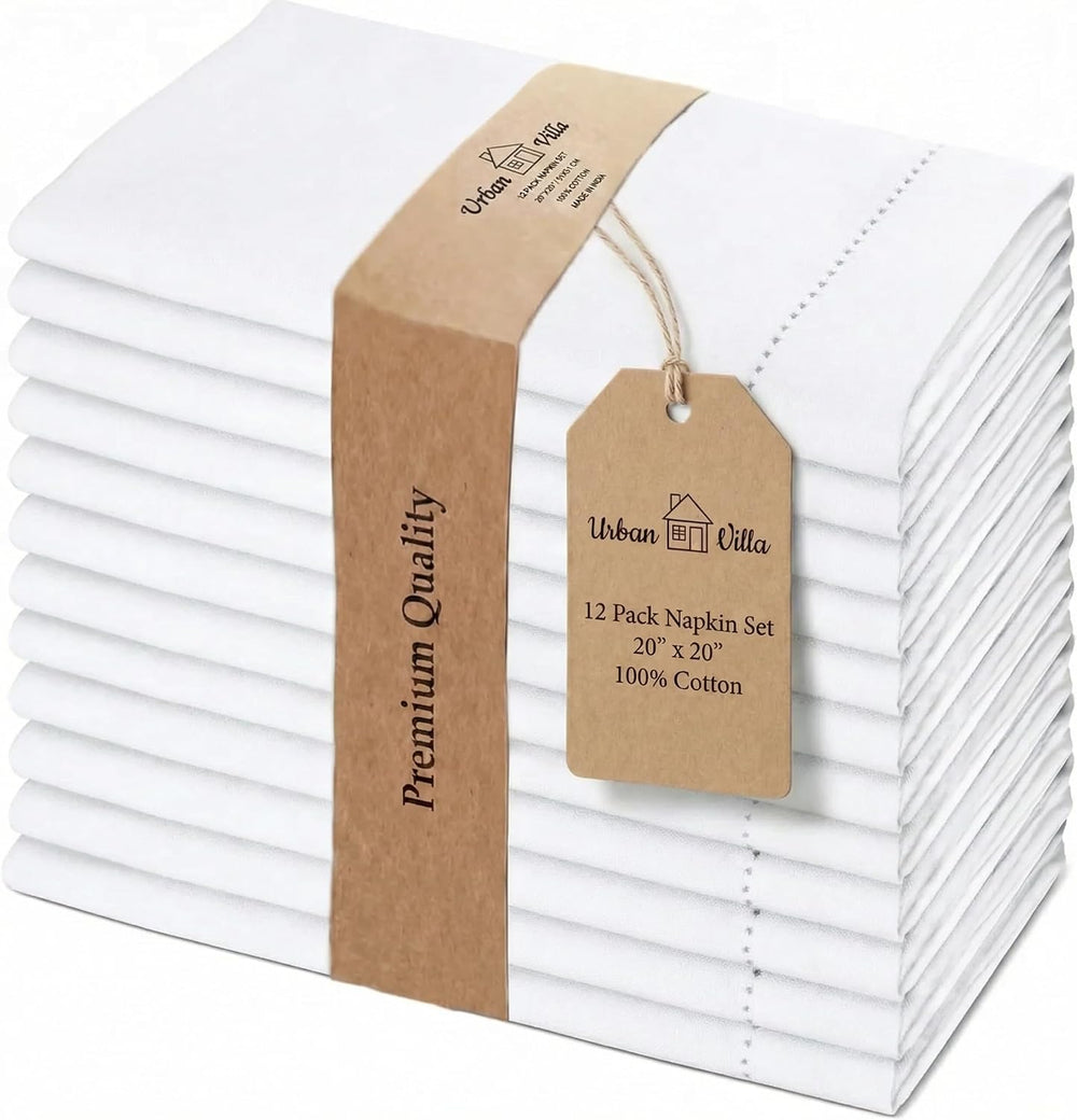 Urban Villa Cloth Napkins White Hemstitch Dinner Napkins Set of 12 (20X20) 10...