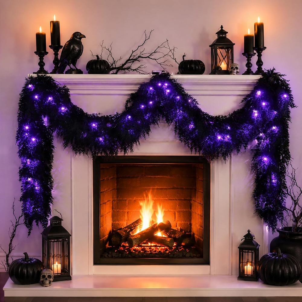 9FT Black Halloween Garland with Lights Realistic Prelit Christmas Garland
