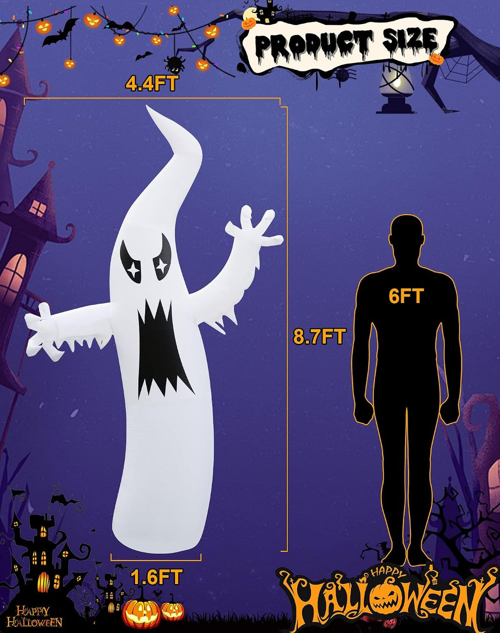 8.7FT Halloween Inflatable Ghost Outdoor Decoration, Scary Yard Decor with LE...