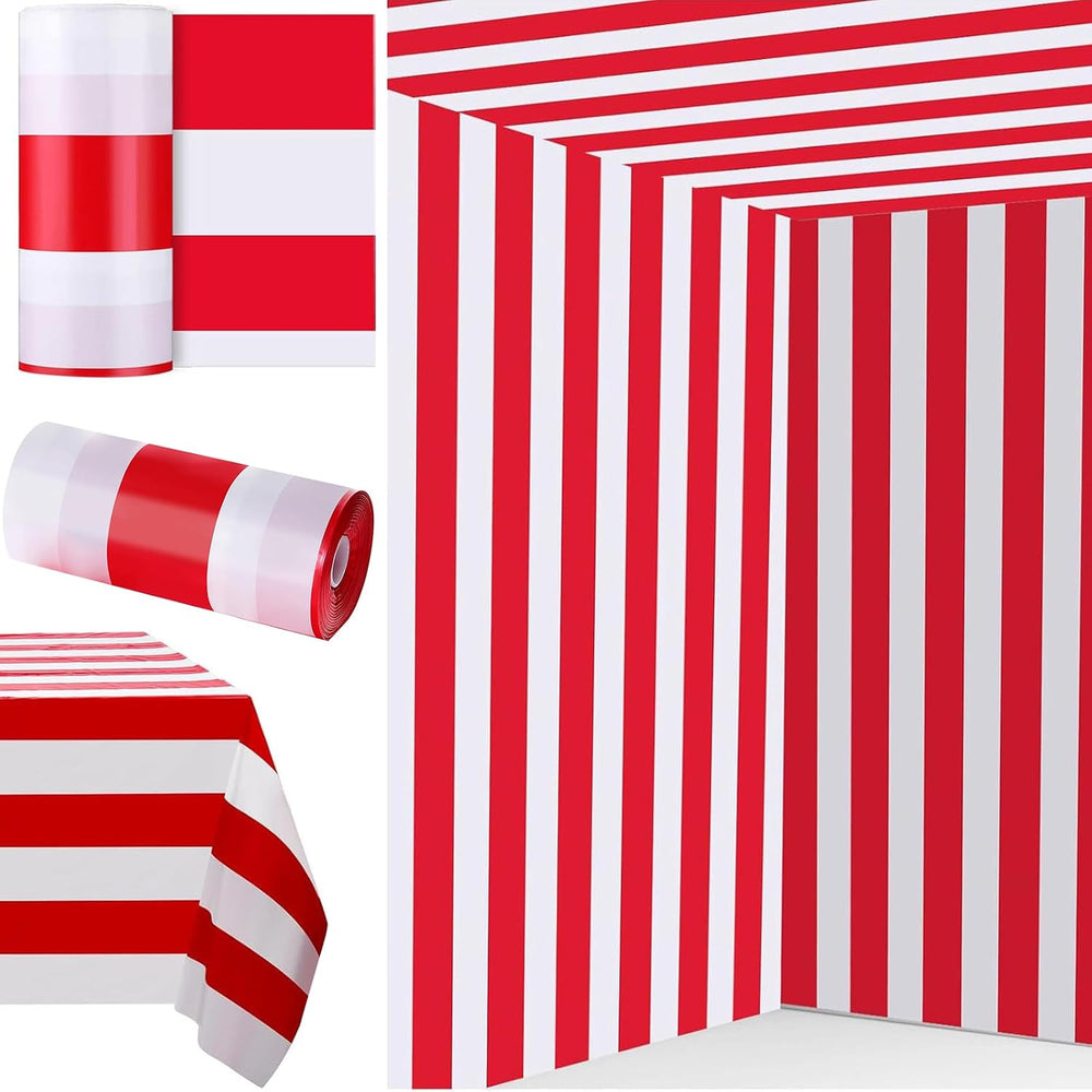 Ctosree Red and White Striped Tablecloth Roll 100 Ft Plastic Carnival