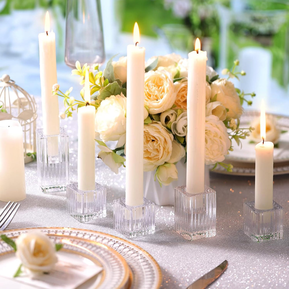LETINE 12pcs Vertical Stripe Glass Candlestick Holders - Chic Taper Candle St...