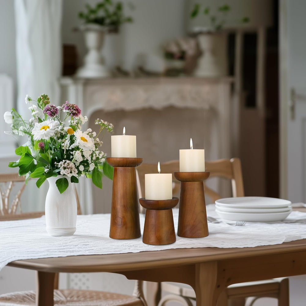 Pillar Candle Holders Set of 3, Wooden Candle Holders, Decorative Wood Candle...
